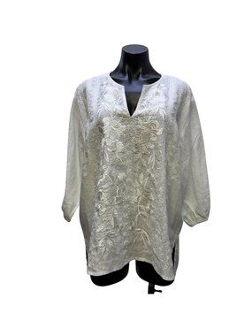 Johnny Was White Linen Embroidered Blouse Size L